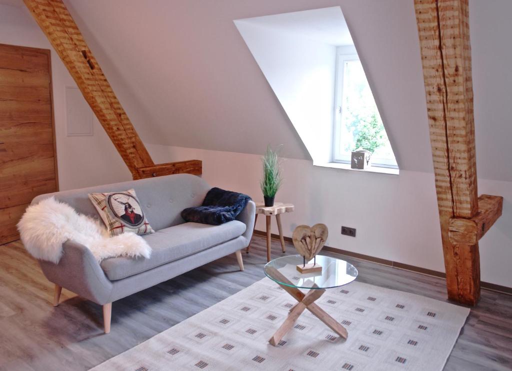 un soggiorno con divano e tavolo di Dom-i-Ziel Apartments a St. Blasien
