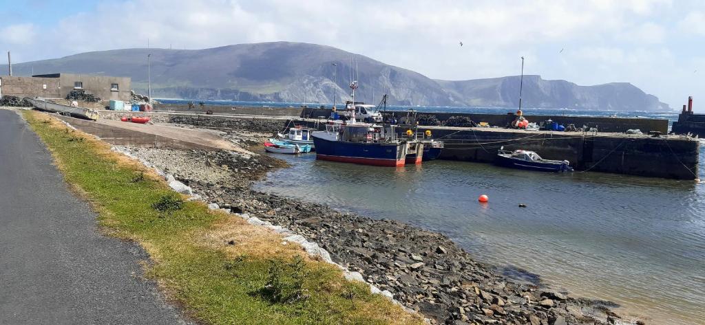 two boats are docked in a body of water at Creevagh (Room Only) in Keel