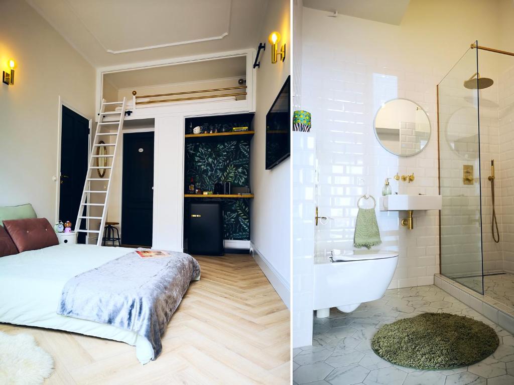 a bedroom and a bathroom with a bed and a bath tub at Luxurious Central Studio in Monumental Warehouse in Rotterdam