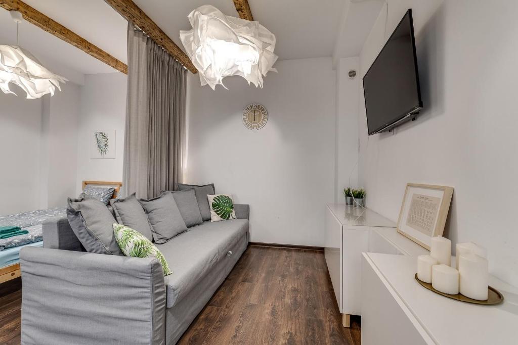 a living room with a couch and a flat screen tv at Apartament Szczęśliwa Trzynastka in Gliwice