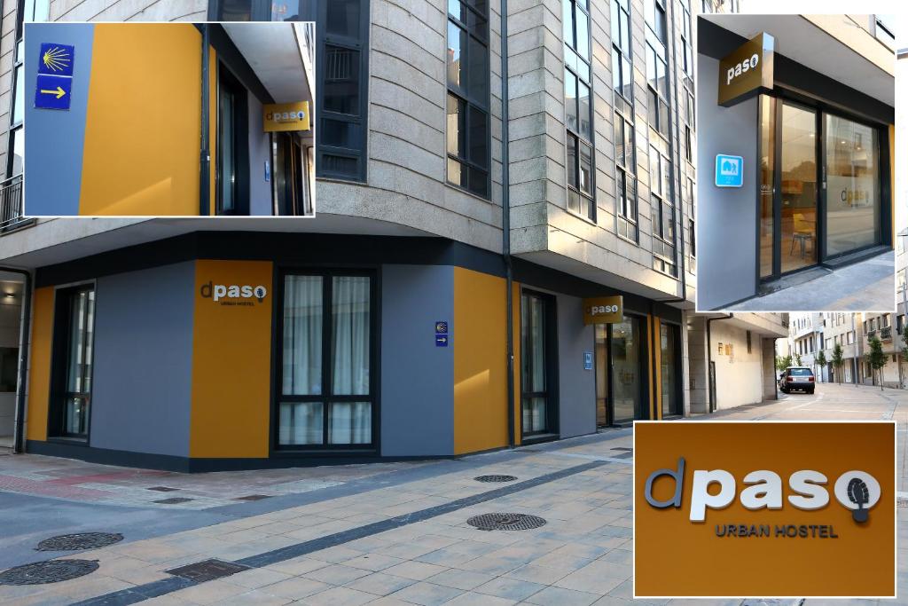 庞特维德拉dpaso Urban Hostel的两幅建筑物的照片,前面有标志