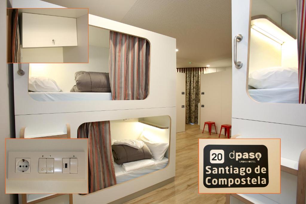 Zimmer mit 2 Etagenbetten mit einem Schild, das den Kurs Santander liest in der Unterkunft dpaso Urban Hostel in Pontevedra