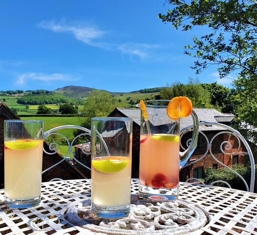 una mesa con dos copas de bebidas en una mesa en Heron's View, en Ruthin