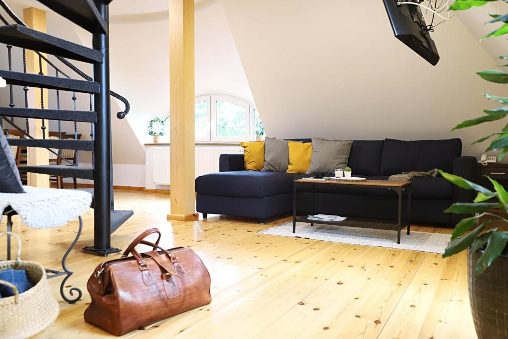 sala de estar con sofá azul y suelo de madera en Apartament Kaszubska Sielanka, en Kartuzy