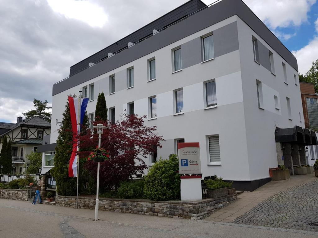 um edifício branco com bandeiras à frente em Hotel Promenade em Bad Steben