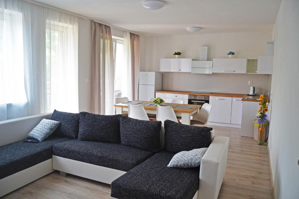 sala de estar con sofá y mesa en Apartmány Šafrán, en Bardejovské Kúpele