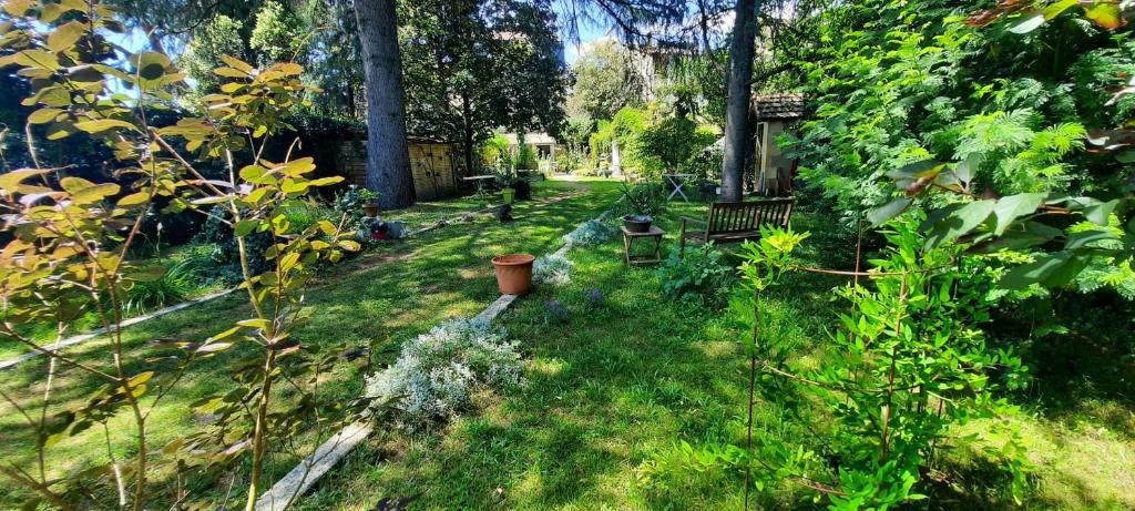 een tuin met een bank in het gras bij Madeleine Bergerac in Bergerac