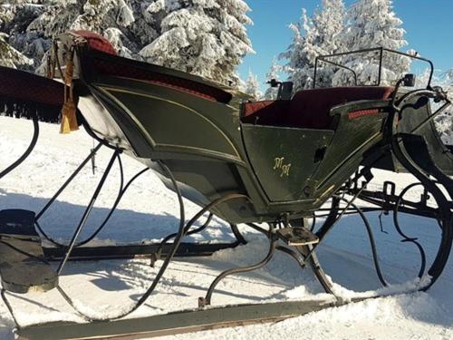 a green sleigh is parked in the snow at Fichtelberghütte in Kurort Oberwiesenthal