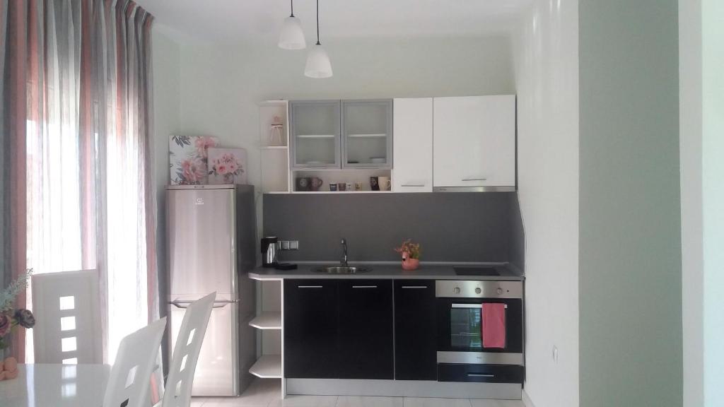 a small kitchen with a sink and a refrigerator at Green Meadow in Eleftheres