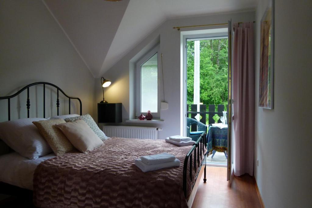- une chambre avec un lit et une grande fenêtre dans l'établissement Apartamenty BB nad Kryniczanką, à Krynica-Zdrój