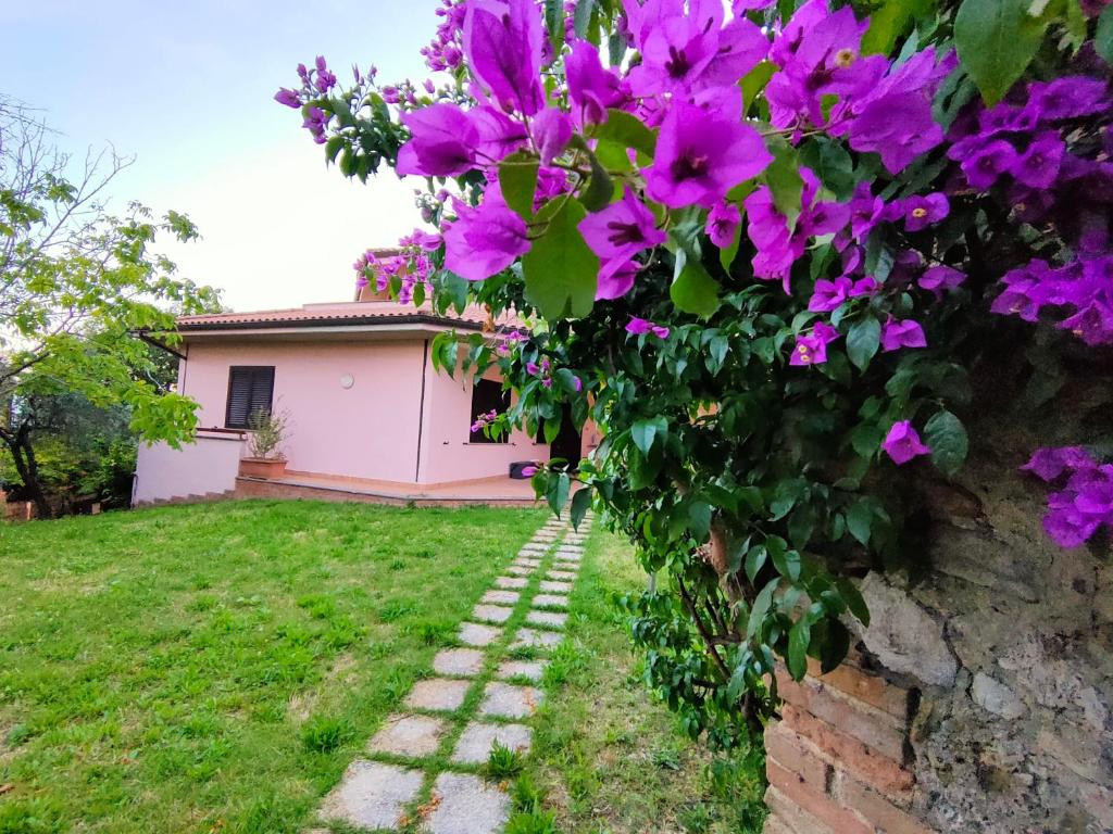 una casa con flores púrpuras en una pared en Bella Vista - Belvedere, en Montebuono