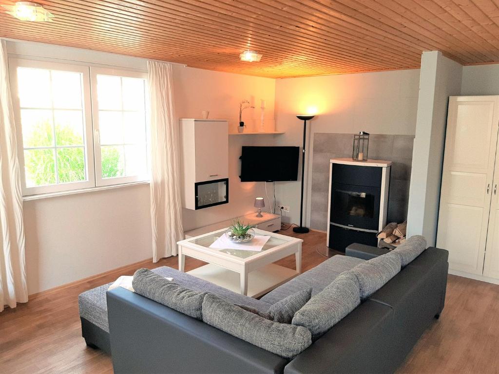 uma sala de estar com um sofá e uma lareira em Ferienbungalow Haus am Teich em Boltenhagen