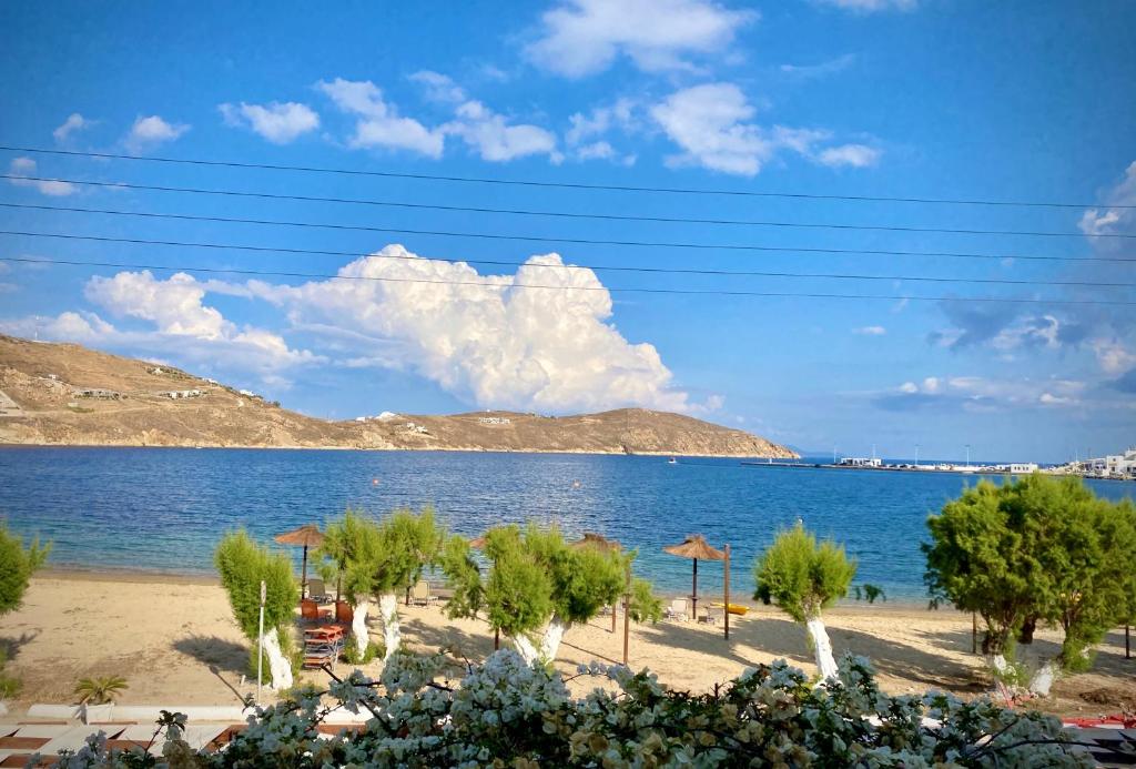 a view of a beach with trees and the water at Asteri Hotel in Livadi