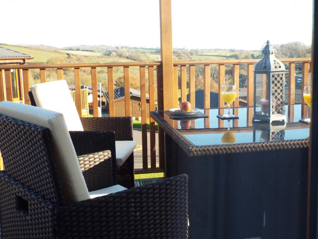 Luxury timber pet friendly lodge with private hot tub 2 to 6 guests, outstanding views nr Paignton