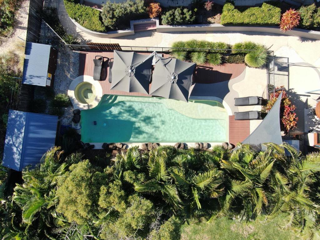 - une vue aérienne sur un complexe avec une piscine et des palmiers dans l'établissement The Byron Beachcomber, à Byron Bay