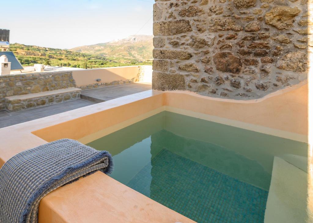 a plunge pool in a building with a stone wall at Pera Chorio - Daphne - Artist stone house with countryside views in Áyios Yeóryios