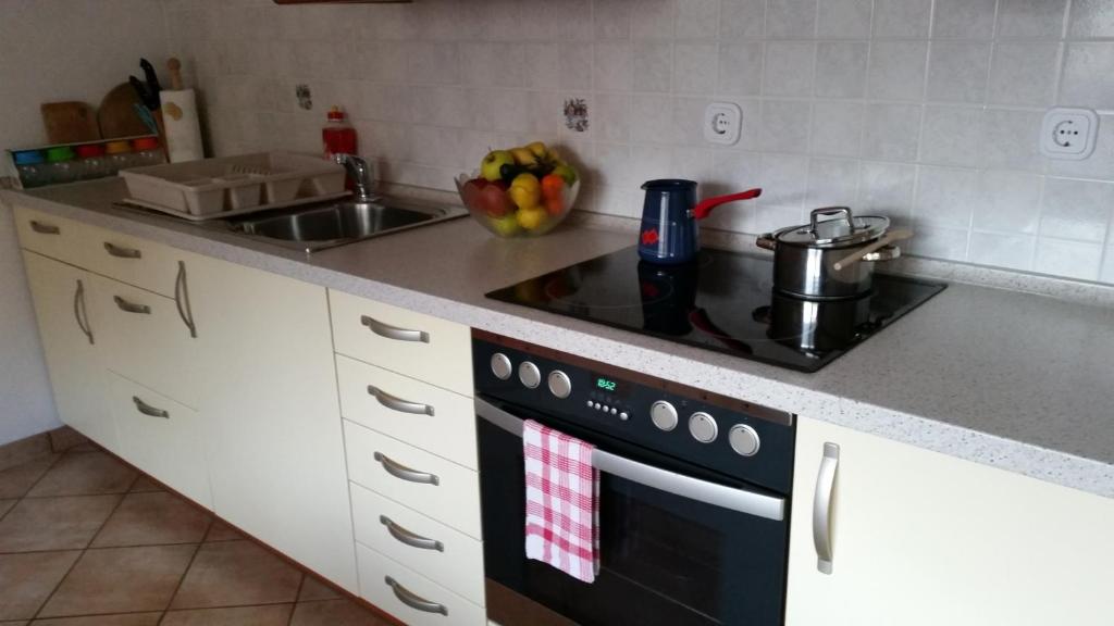Kuchyň nebo kuchyňský kout v ubytování Apartmaji Mežan