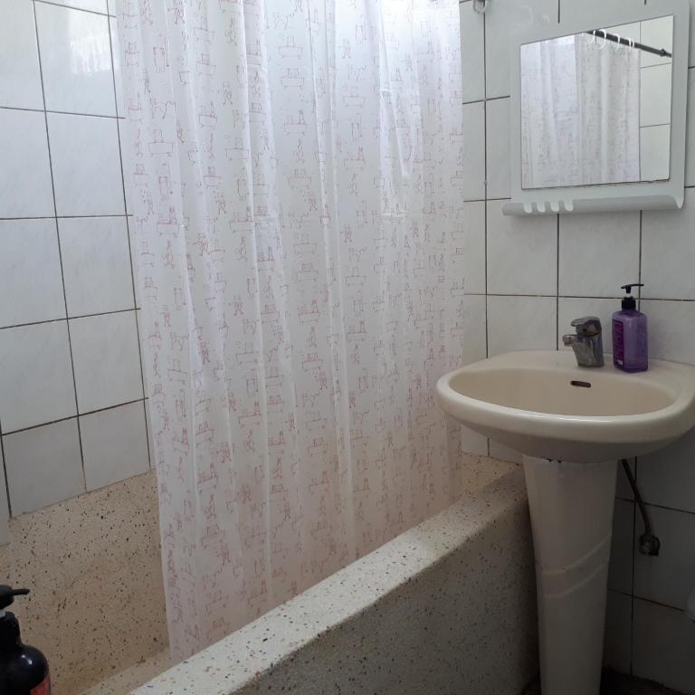 a bathroom with a sink and a shower curtain at Taroko Susi Space in Xincheng