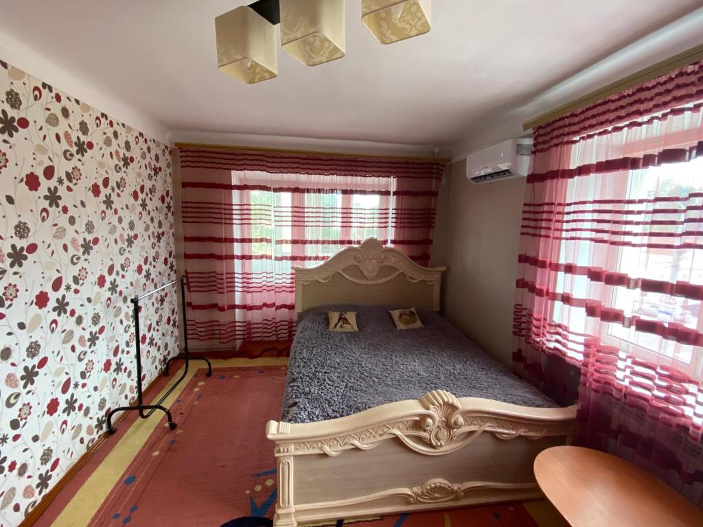 een slaapkamer met een bed in een kamer met rode muren bij Михайлівська квартира in Zhytomyr