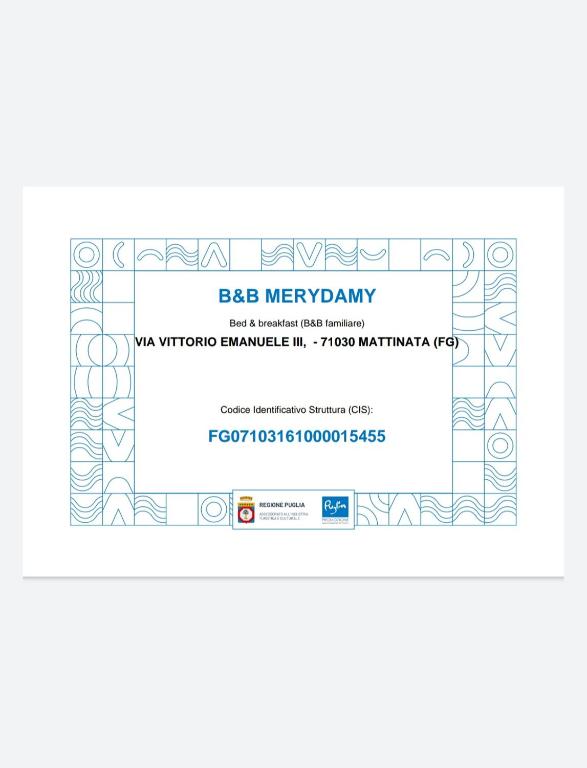 Certifikát, hodnocení, plakát nebo jiný dokument vystavený v ubytování Merydamy