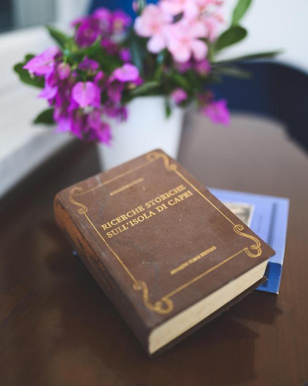 a book sitting on a table next to a vase of flowers at Parco Augusto in Capri