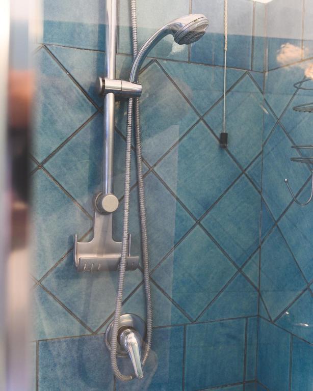 a shower in a bathroom with blue tiles at Parco Augusto in Capri