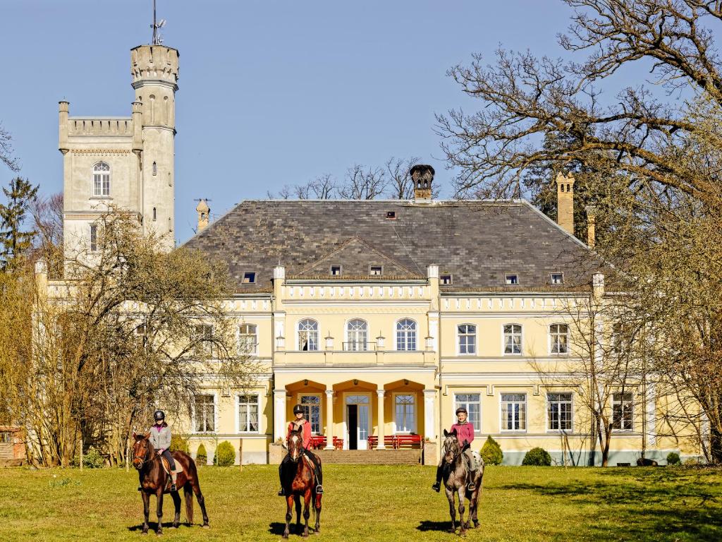 un grupo de personas montando caballos delante de un castillo en Pałac Pensjonat Ptaszynka, en Gryfice