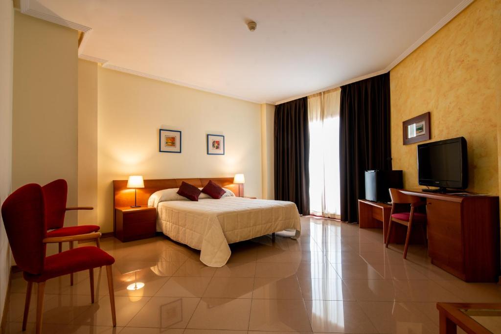 プエルト・デ・マサロンにあるHotel Playasolのベッドとテレビが備わるホテルルームです。