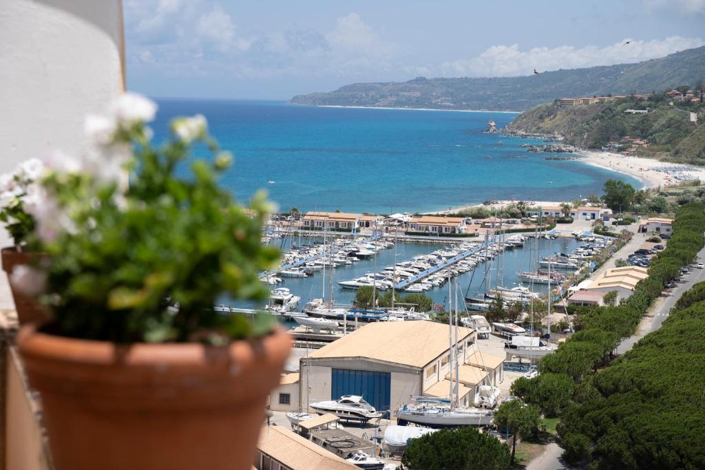 uma planta num vaso sentado numa varanda com vista para uma marina em Il Casanova em Tropea