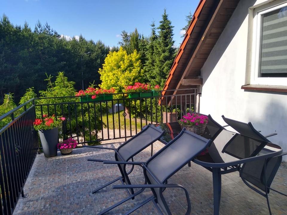 a patio with two chairs and a fence with flowers at Berneński Zakątek in Charzykowy