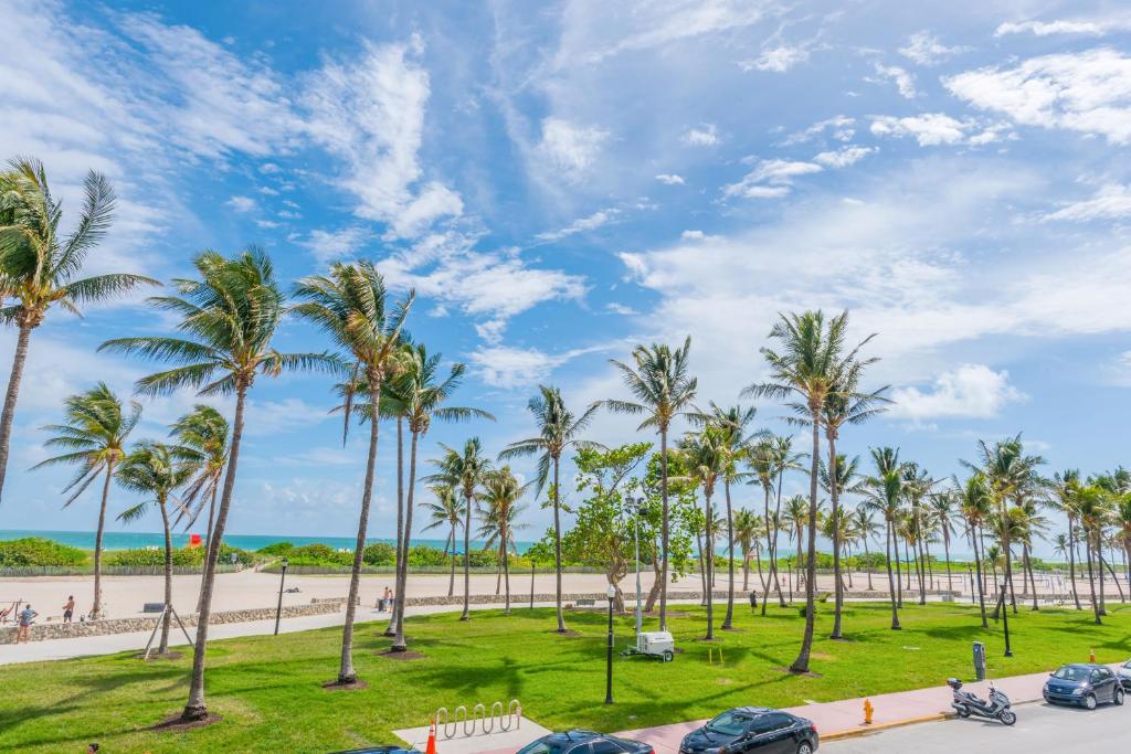 un parque con palmeras y la playa en SoBe Lux Suites On Ocean en Miami Beach