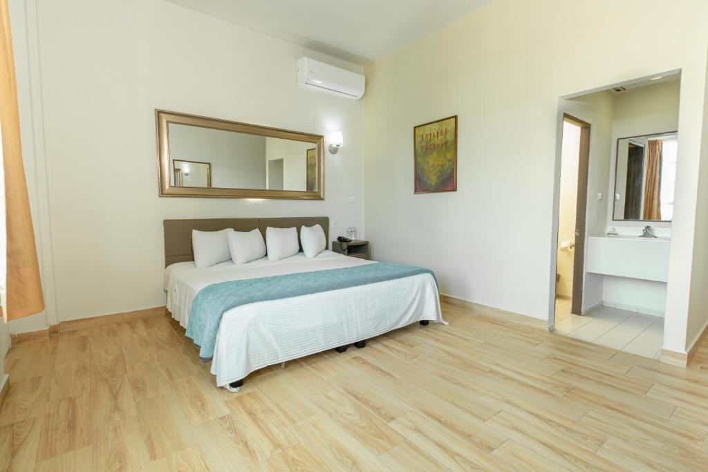 1 dormitorio con cama y espejo en la pared en Hotel Plaza del Arco Express en Monterrey