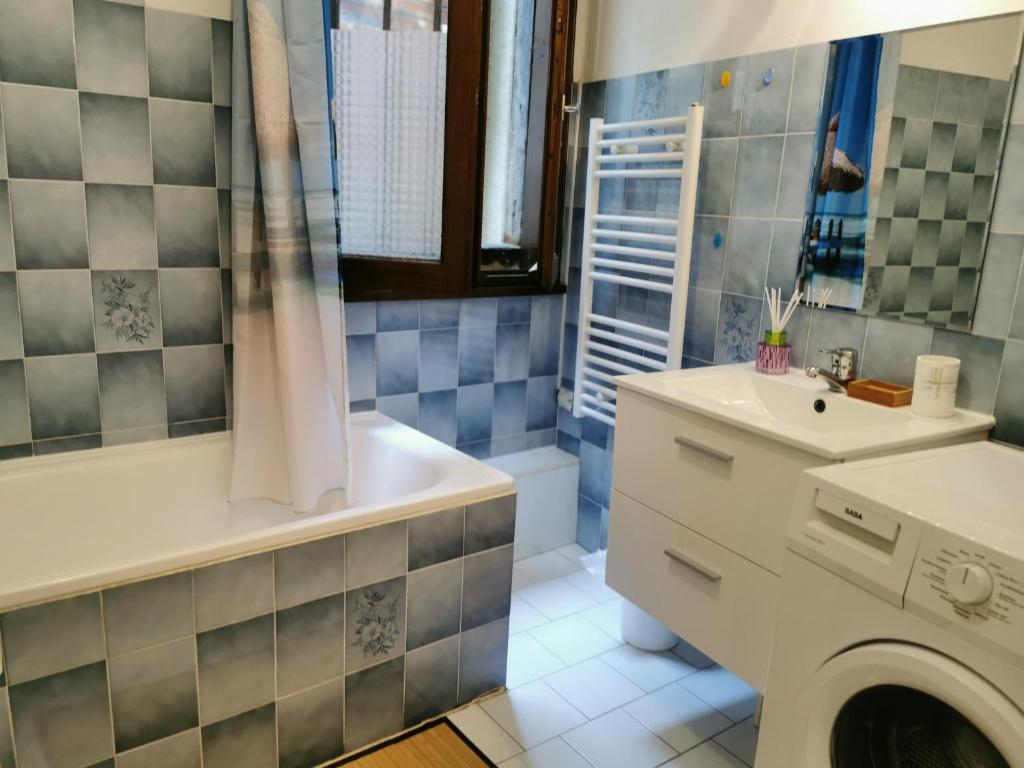 a bathroom with a sink and a washing machine at Appartement de charme, au cœur d&#39;Auch, 4 pers in Auch