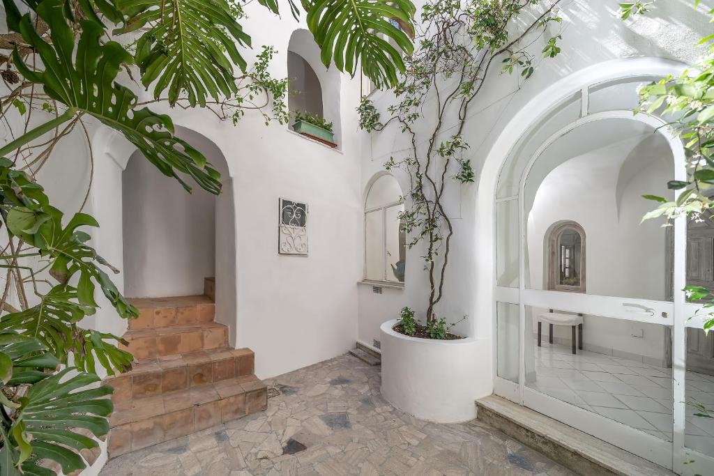 una stanza con pareti bianche e una scala con piante di I Tre Soli Apartments by CapriRooms a Capri