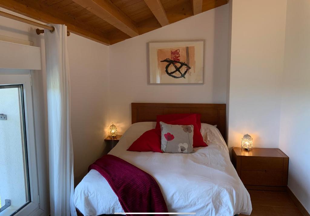 a bedroom with a bed with red pillows at Agrovillaujue apartamentos rurales in Ujué