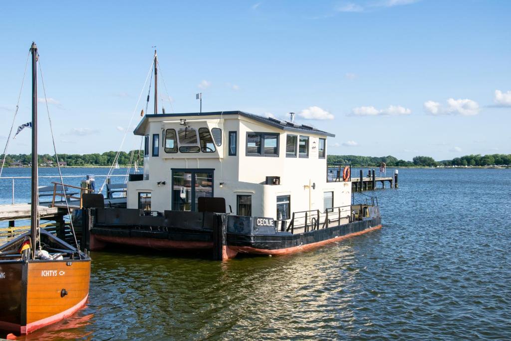 a ferry boat is docked in the water at Island-dreams Hausboot Cecilie in Schleswig