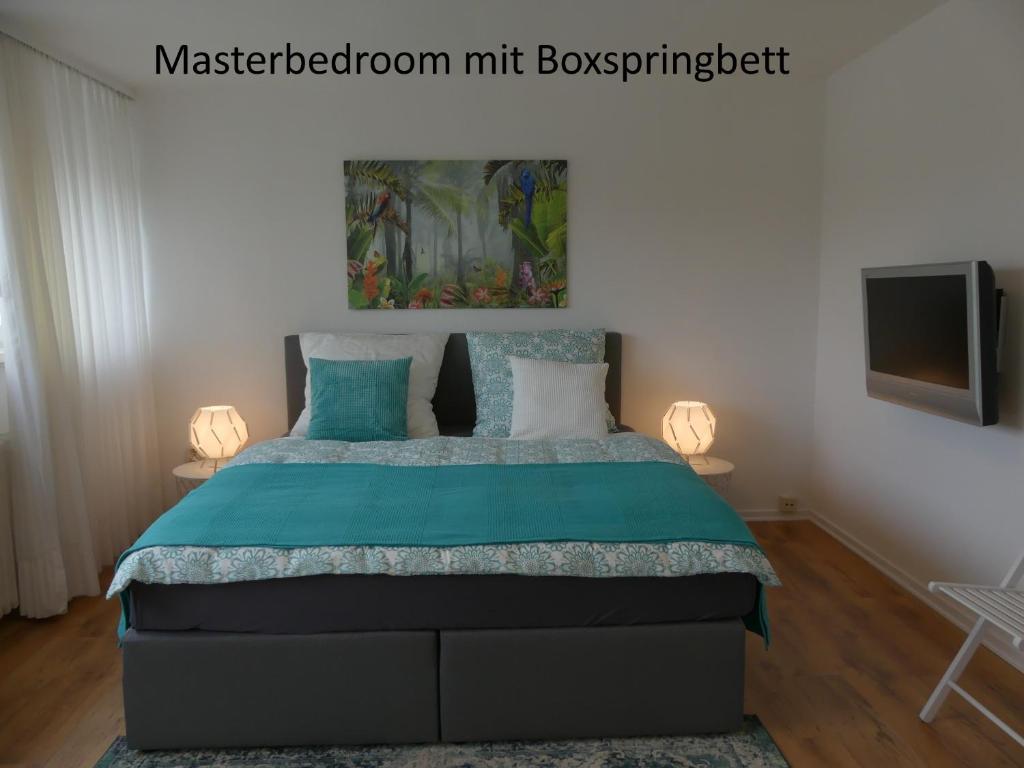 een slaapkamer met een bed en een televisie bij Townflat Kassel City / Privat wie im eigenen Haus / Kostenlos Parken in Kassel