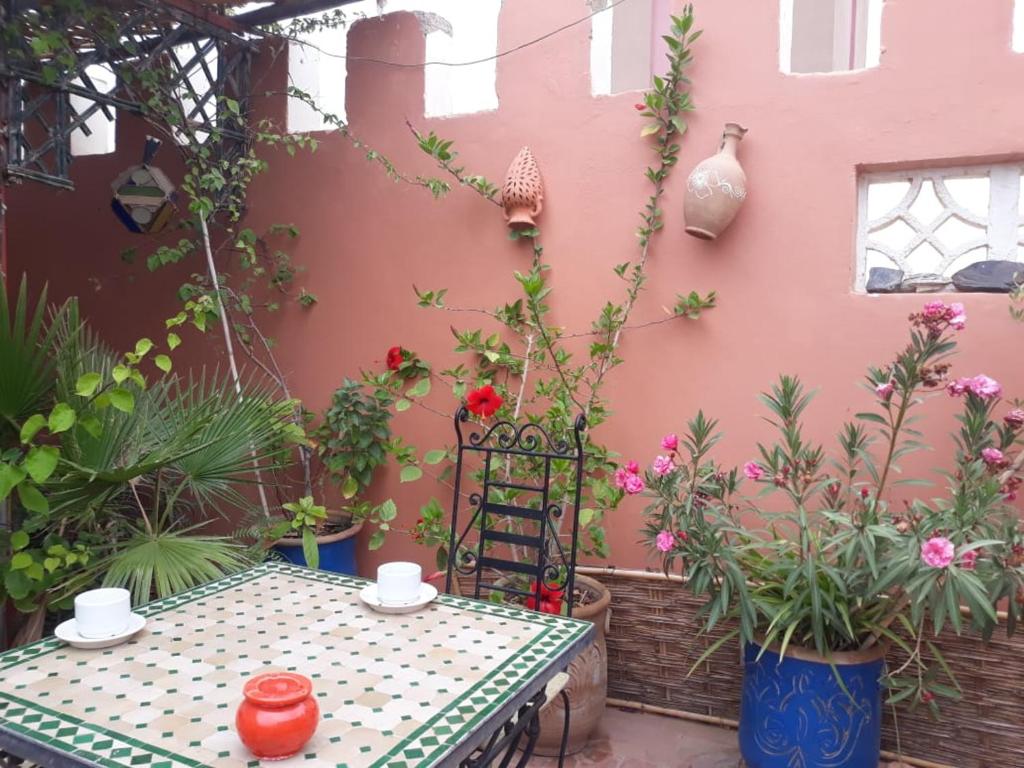 una mesa y sillas en un patio con plantas en Chambres d'Hôtes les amis, en Taroudant