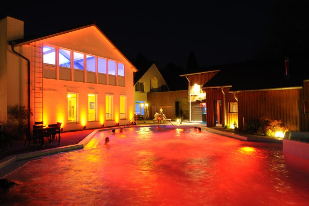 a courtyard lit up at night with ducks in it at Hotel Eifelsteig in Roetgen