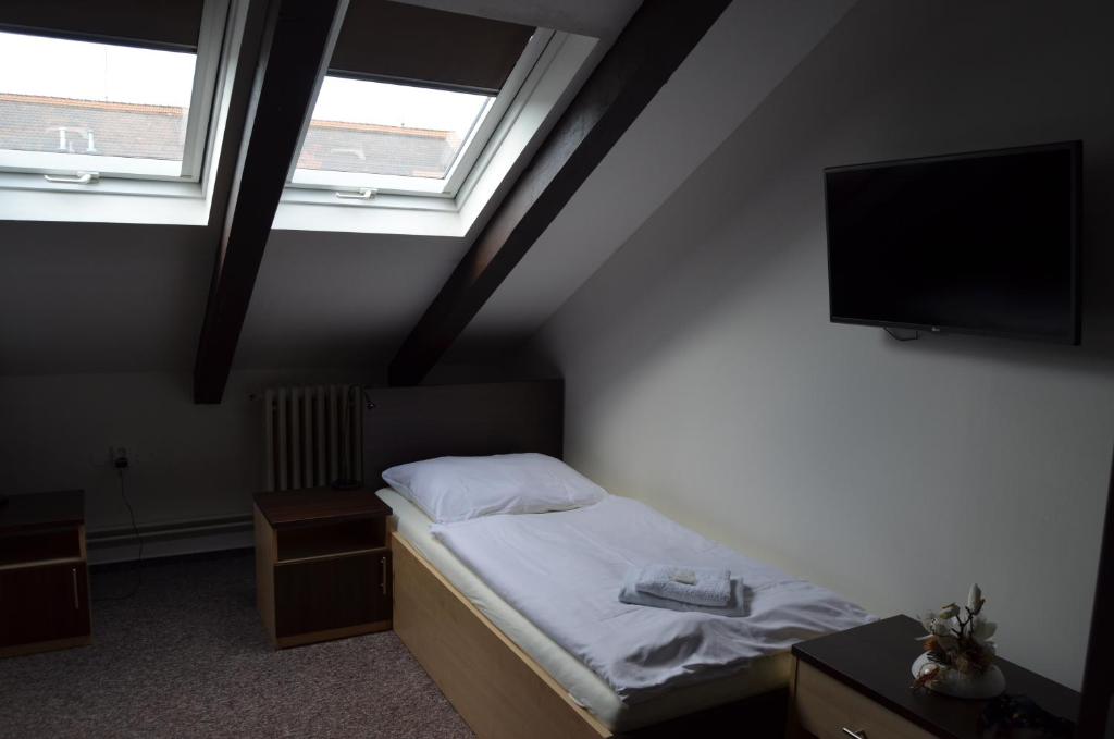 Rúm í herbergi á U Heligonky