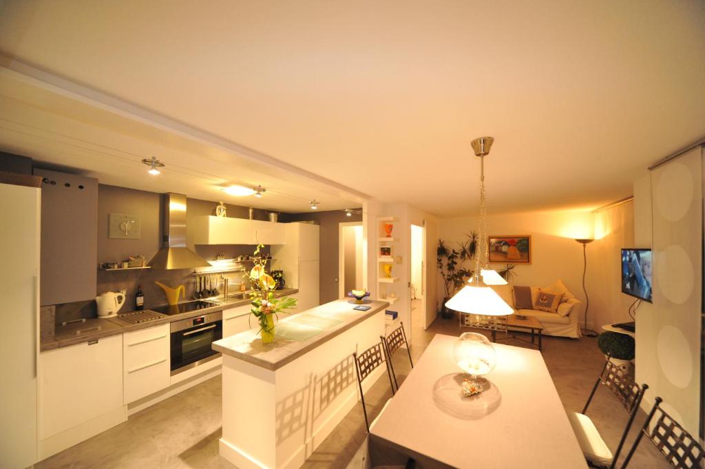 eine Küche und ein Wohnzimmer mit einem Tisch, einer Küche und einem Wohnzimmer in der Unterkunft Magic Moments Appartement in Annecy