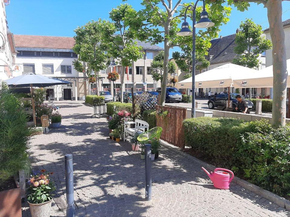 eine Straße mit Blumen und Pflanzen auf dem Bürgersteig in der Unterkunft Gästehaus "Am Marktplatz" in Bad Sobernheim