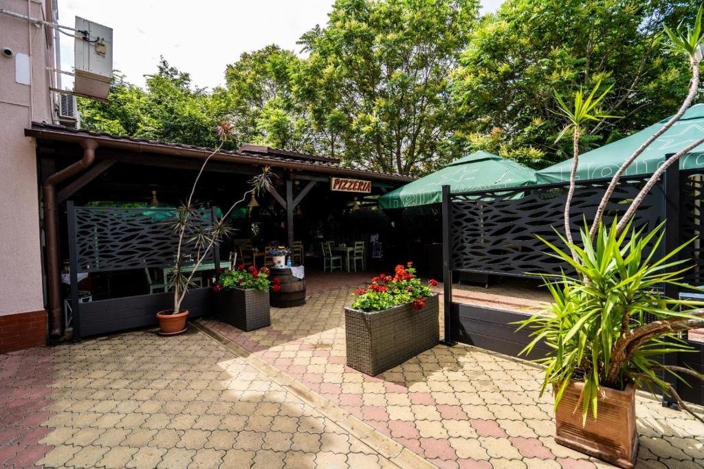 a patio with potted plants and a building at Hotel TEX Club in Botoşani