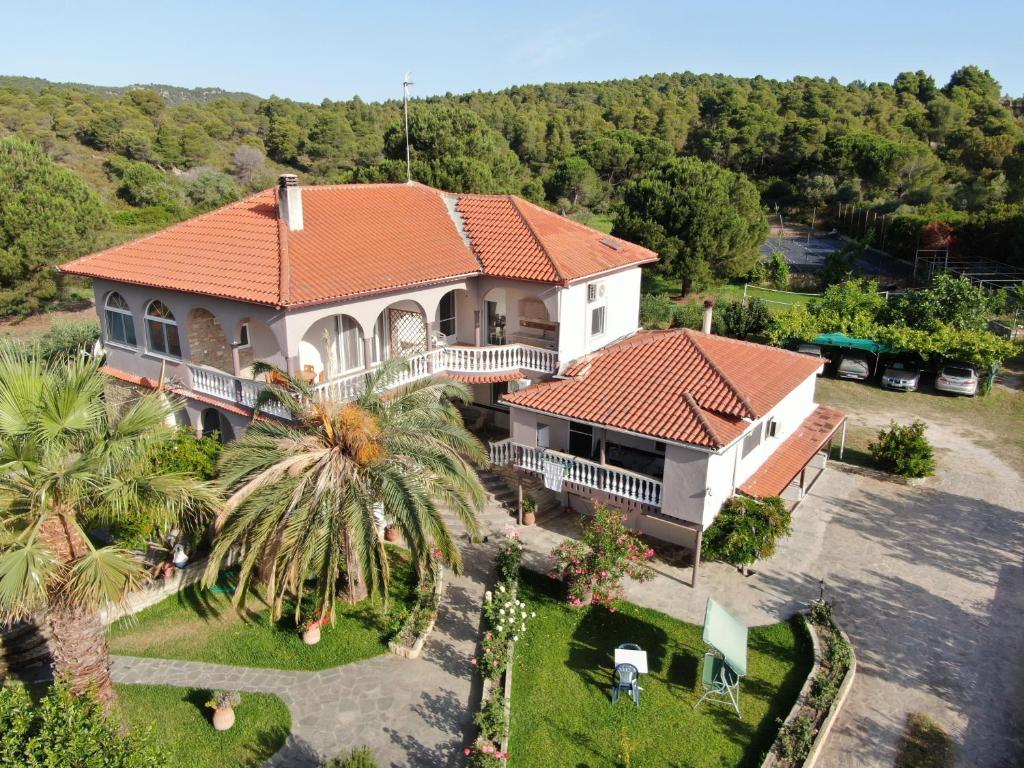 an aerial view of a house with a palm tree at Grivas House in Vourvourou