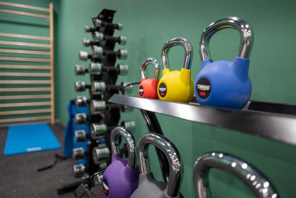 a row of dumbbells in a gym at Cabinn Copenhagen in Copenhagen