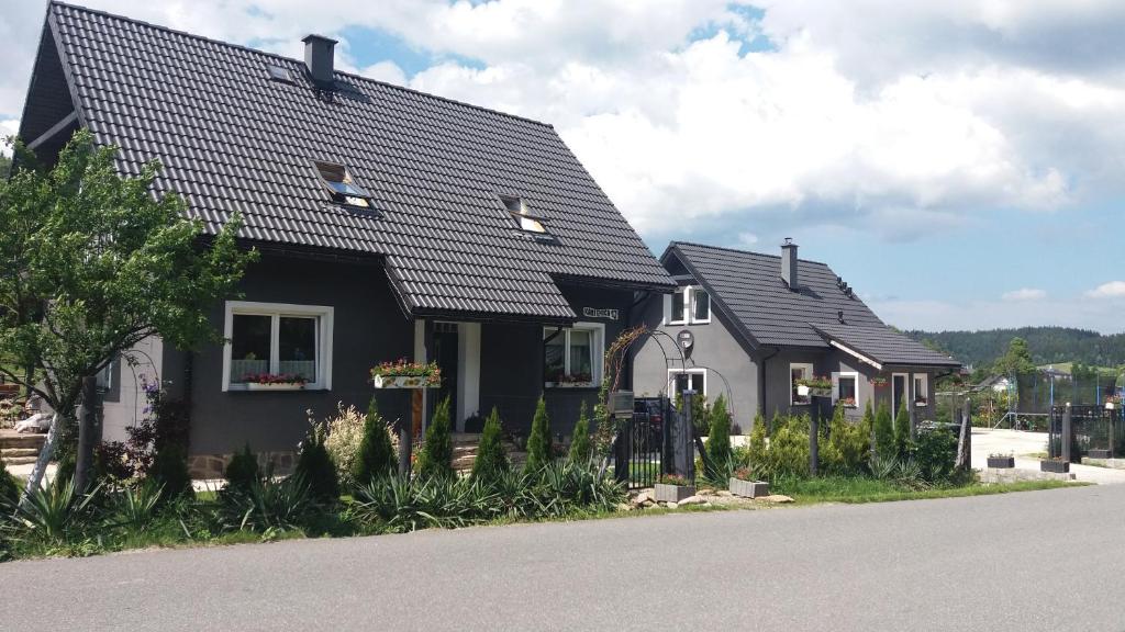 two houses with black roofs on the side of the road at Agroturystyka,, Ranczo Kruszynki" in Stronie Śląskie