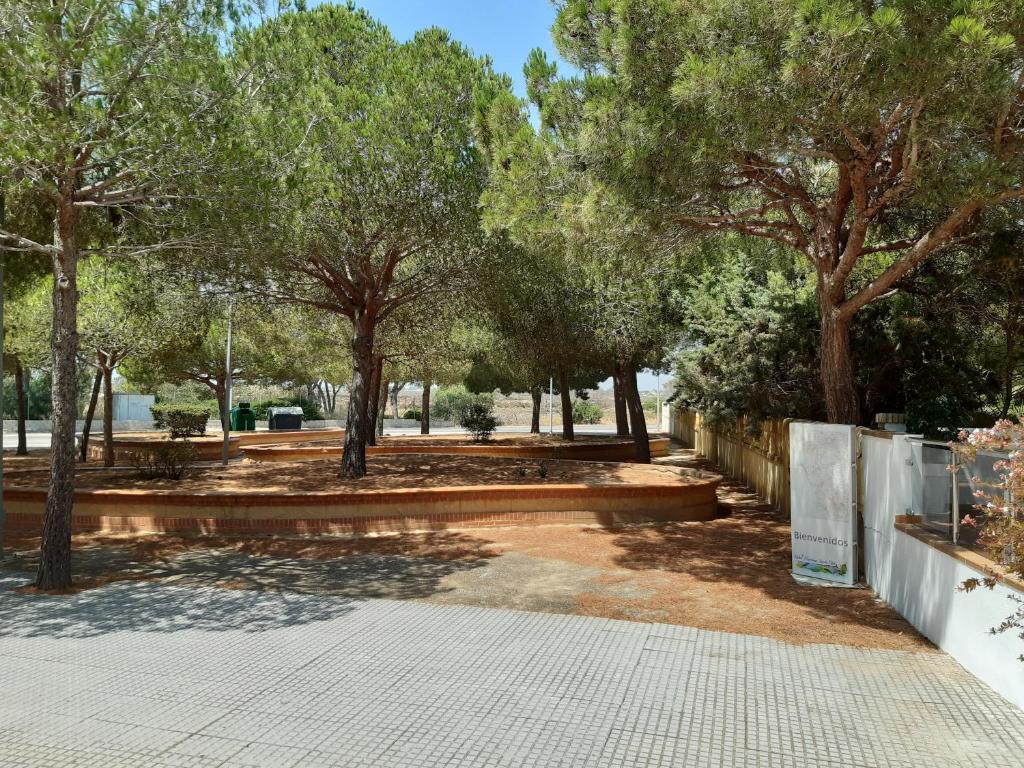 a park with trees and a brick walkway at Hotel Marisma Sancti Petri in Chiclana de la Frontera