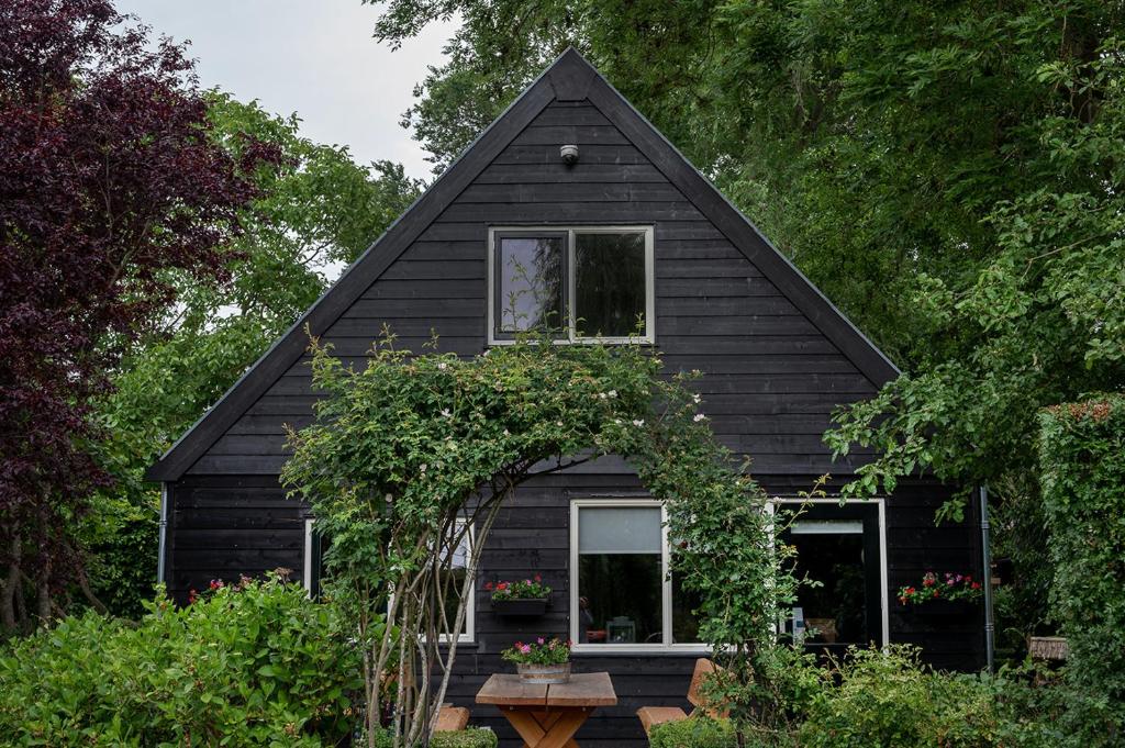 ein schwarzes Haus mit schwarzem Dach in der Unterkunft Gieters Geluk in Giethoorn