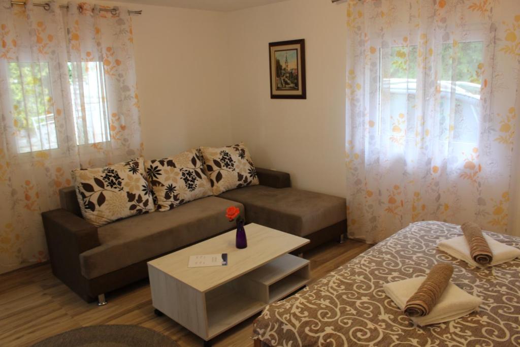 una pequeña sala de estar con sofá y cama en Apartmani Ilić, en Golubac