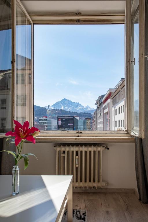 Pokój z oknem z kwiatem w wazie w obiekcie Apartment in the City Center w mieście Innsbruck